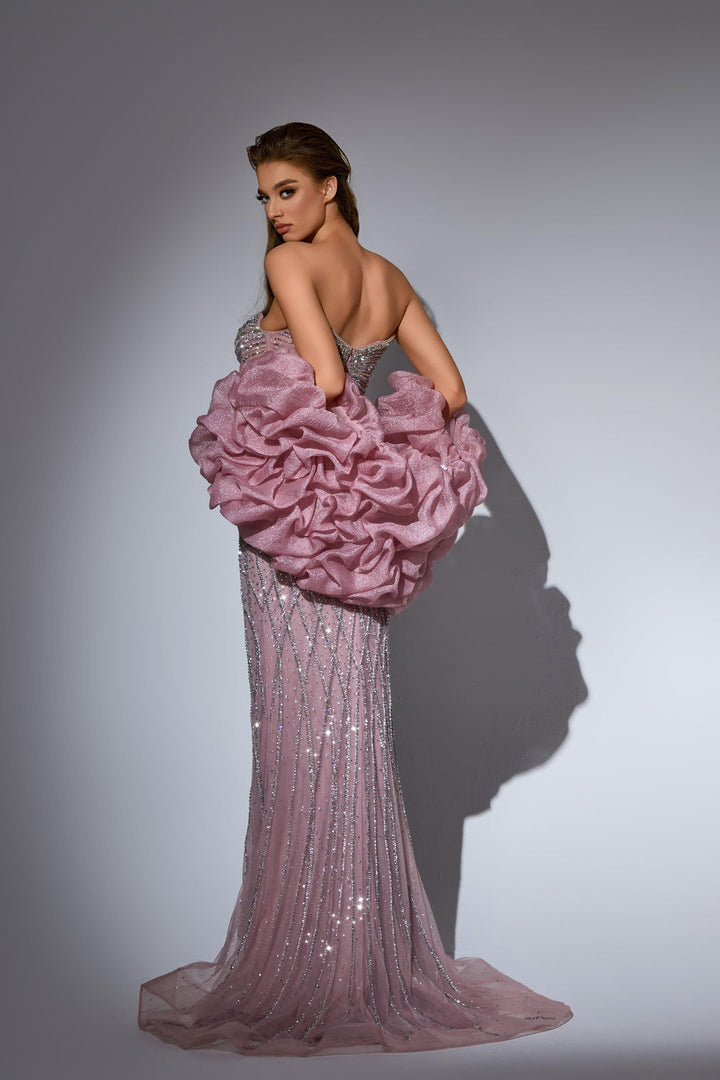 Grey Sequin Dress with Strapless Bodice and Ruffled Sleeves – Glitter Maxi Dress with V-Neck Plus Size