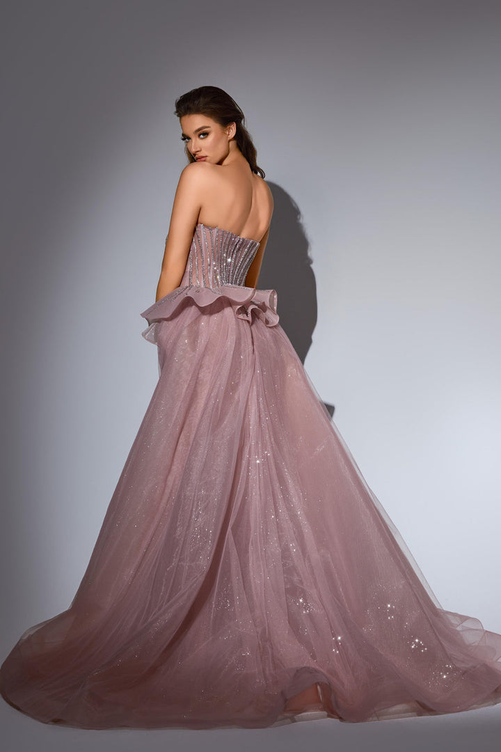 Champagne Sequin Dress with Corset Bodice – Strapless Glitter Dress with Overskirt and Tulle Plus Size