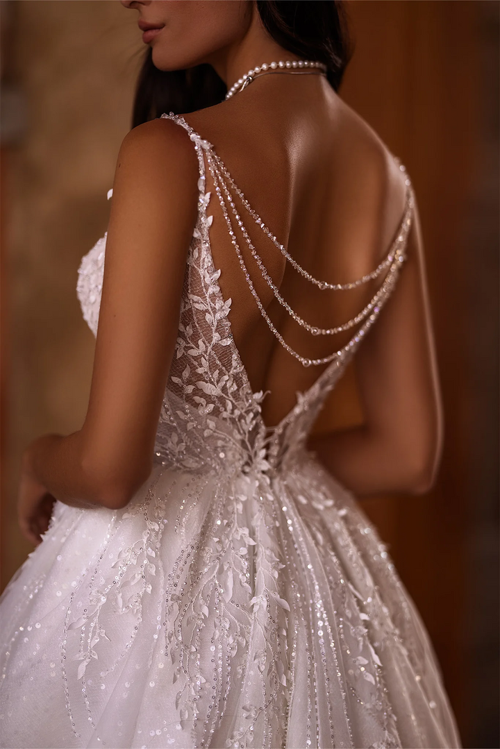 Ivory A-Line Wedding Dress with V-Neck – Wedding Gown Open Back Lace - Wedding Dress Corset with Pearl Beading Plus Size