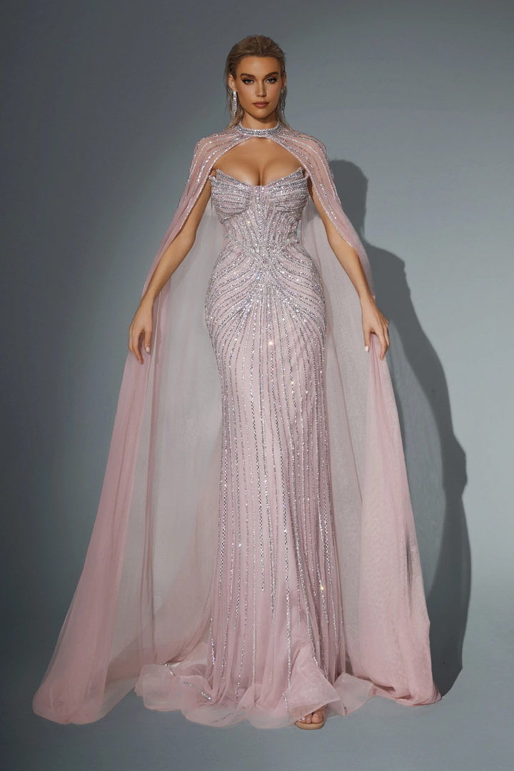 Blush Pink Sequin Evening Gown with Cape Sleeves - Sparkly Maxi Dress with High Neckline - Pretty Sequin Dress Plus Size