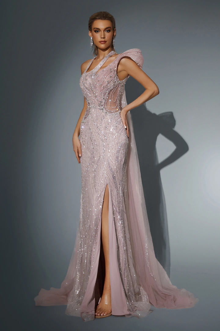 Blush Pink Sequin Evening Gown with Halter Neckline - Sparkly Maxi Dress with Flowing Cape and Thigh-High Slit - Designer Gown Plus Size