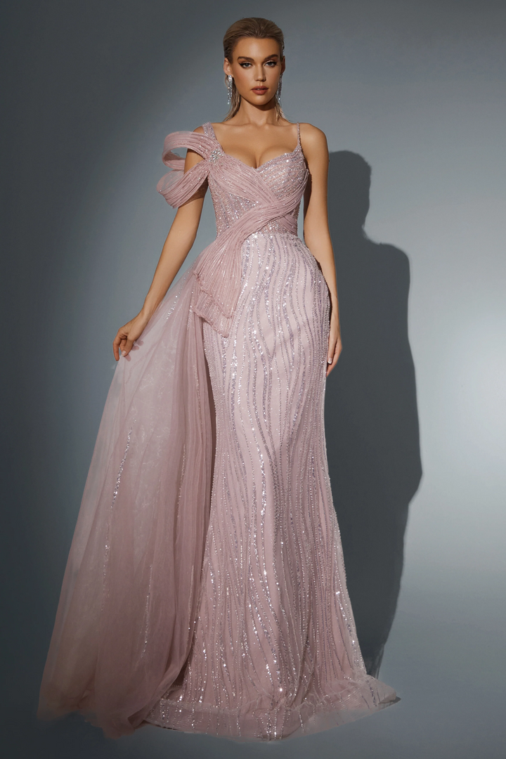 Blush Pink Sequin Evening Gown with Draped Bow Detail - Designer Sequin Gown - Sparkly Maxi Dress - Pink Sequin Dress Plus Size