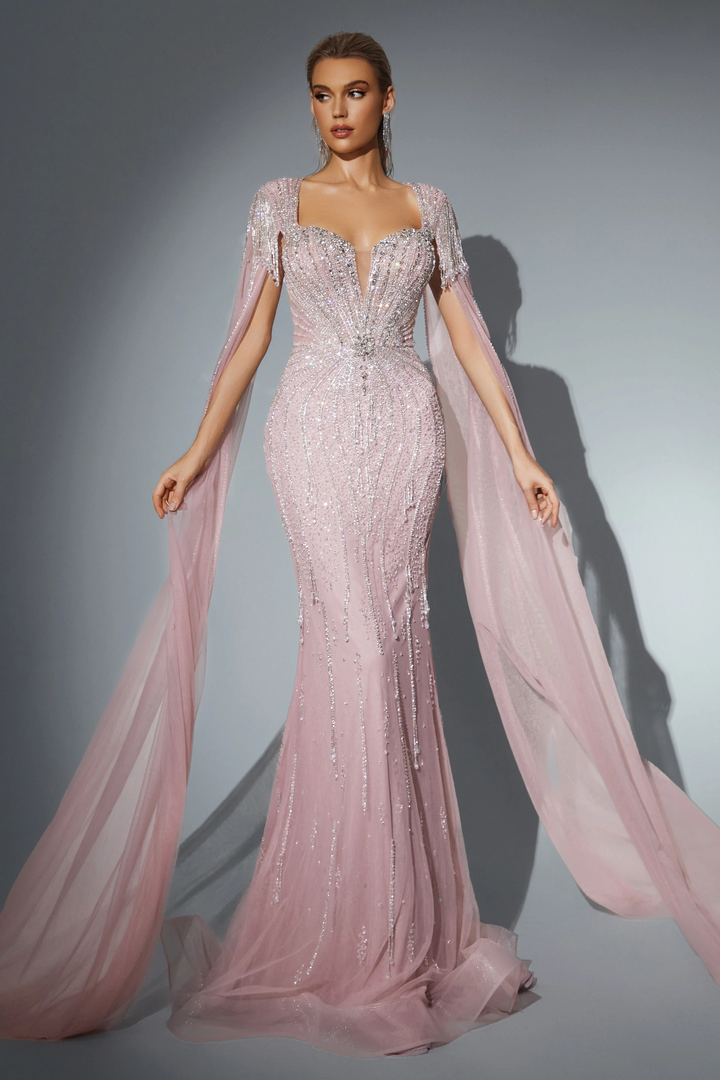 Elegant Pink Sequin Evening Gown with Cape Sleeves - Glitter Maxi Dress - Pink Sequin Dress Plus Size