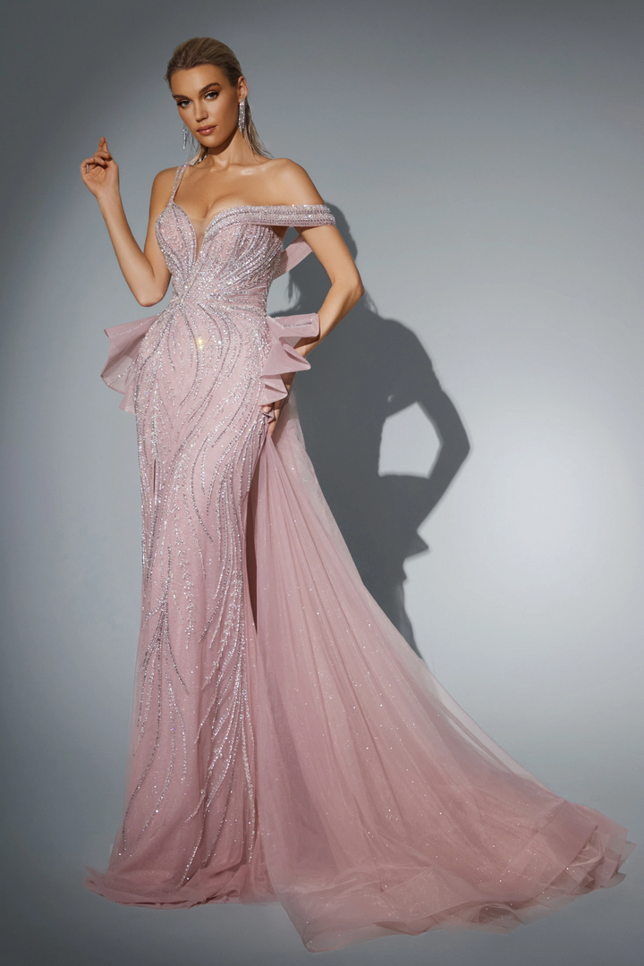 Pink Glitter Dress with Off-Shoulder Design - Designer Sequin Gown with Flowing Tulle Skirt - Pink Sequin Dress Plus Size