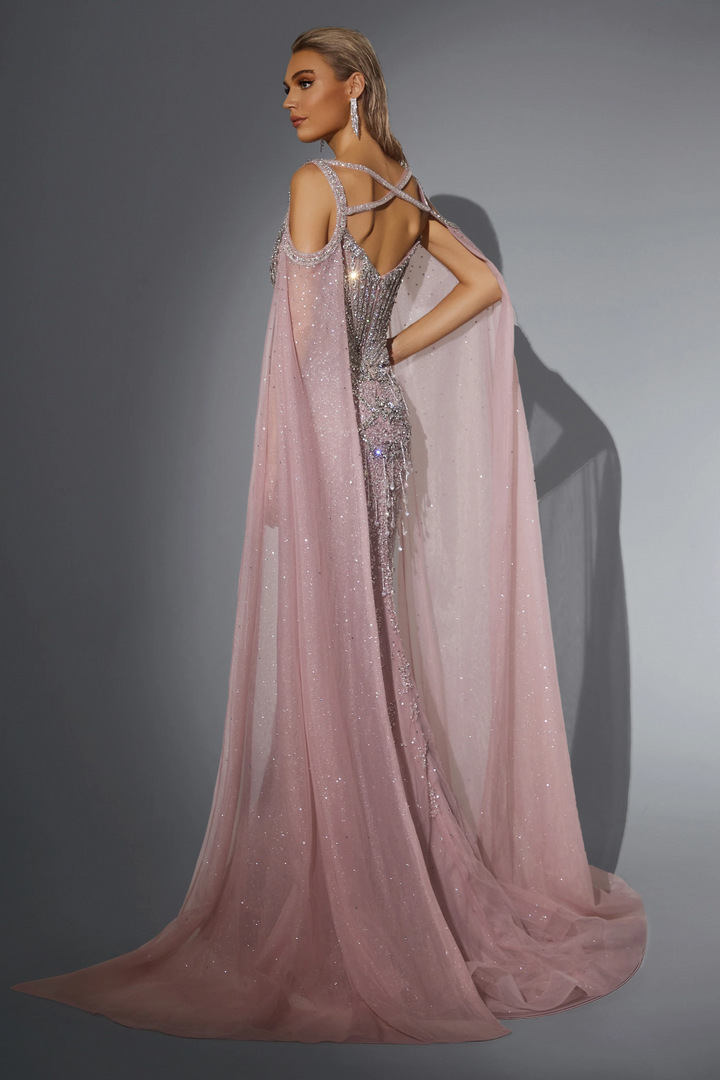 Blush Pink Sparkly Maxi Dress with Cape Sleeves - Embellished Gown with Cut-Out Back - Pink Sequin Dress Plus Size