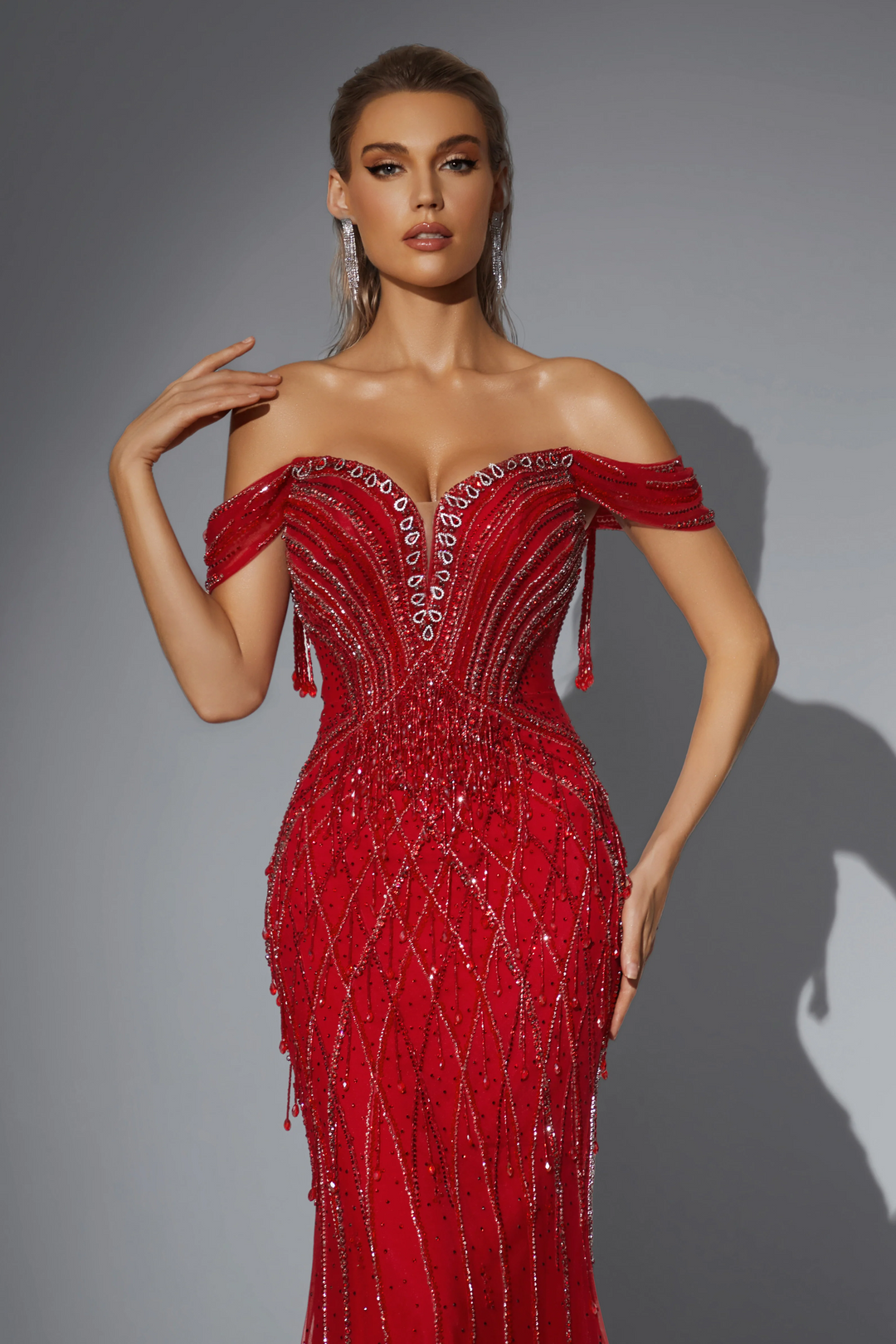 Gothic Red Sequin Evening Gown with Off the Shoulder Sleeves - Designer Sequin Gown - Glitter Maxi Dress Plus Size