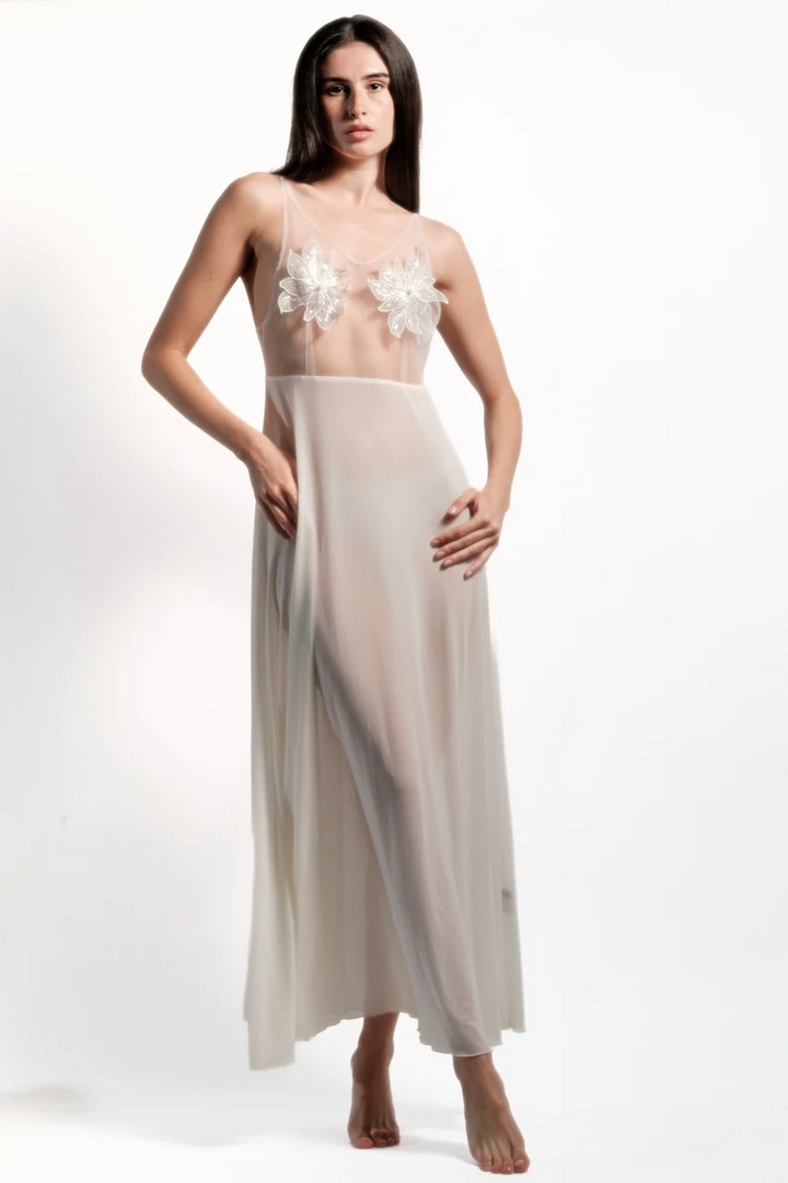 Ethereal Ivory Floral Embellished Night Gown