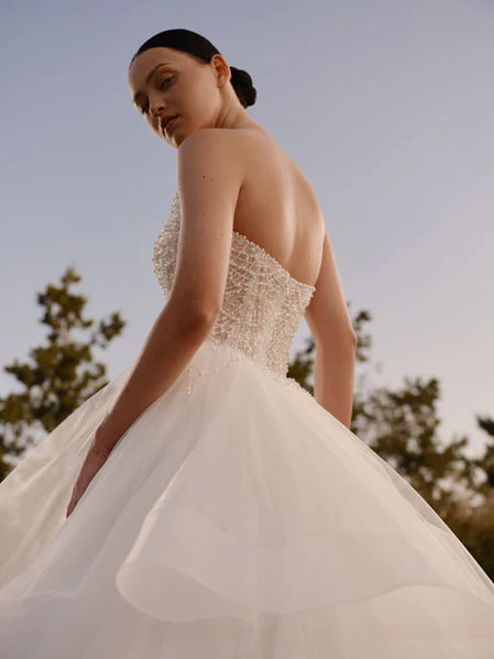 Tiered Bridal Gown  with Beaded Corset and Pearl Embroidery – Strapless Wedding Dress - Wedding Dress Corset with Pearl Beading Plus Size - Diana