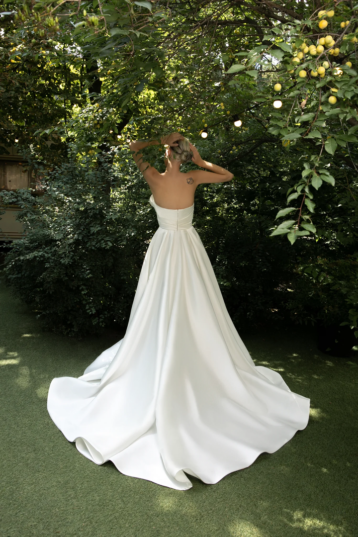Ivory Strapless Wedding Dress with Designer Draping Corset – Simple Wedding Dress with Luxurious Train and Slit Plus Size - Melody
