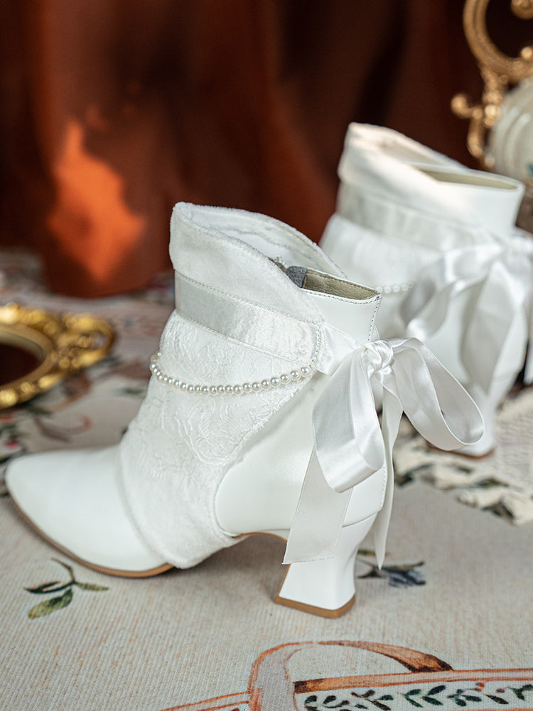 Handmade Regency White Lambskin Leather Ankle Boots with Lace and Pearl Trim