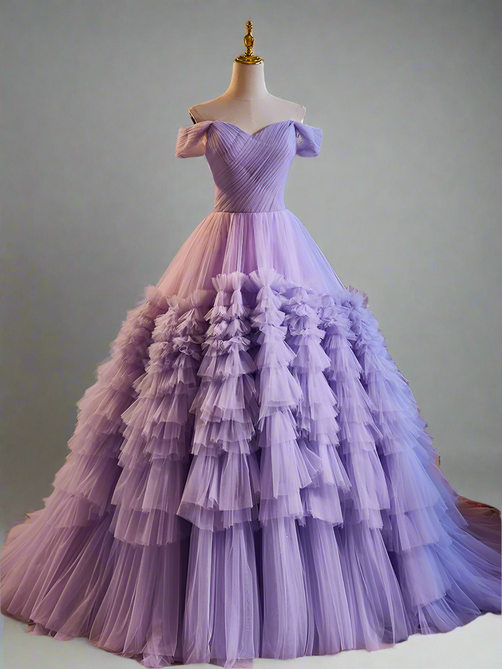 Elegant Woman Purple Ball Gown - Layered Tulle Ruffle Dress with Corset Back -  Purple Ball Gown with Layered Tulle Ruffle Skirt Plus Size