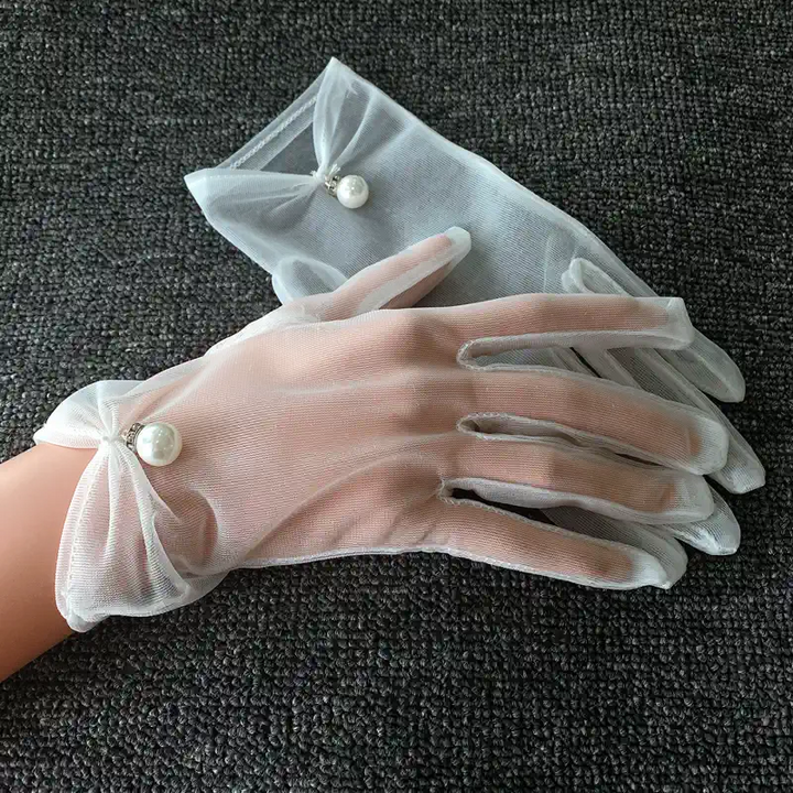 Vintage-Inspired Champagne Bridal Gloves with Tulle and Pearl Embellishments