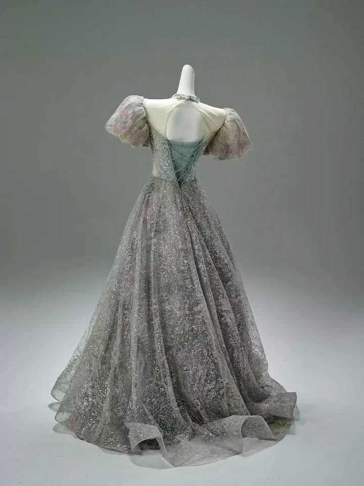 Gray Sequin Evening Dress with Puff Sleeves – Designer Sequin Gowns with Lace-Up Back Plus Size