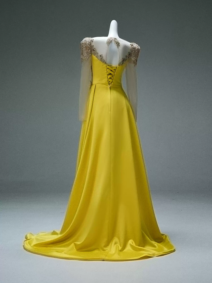 Yellow Satin Evening Dress with Embroidered Sheer Sleeves – Lace-Up Back Formal Evening Dress  Plus Size