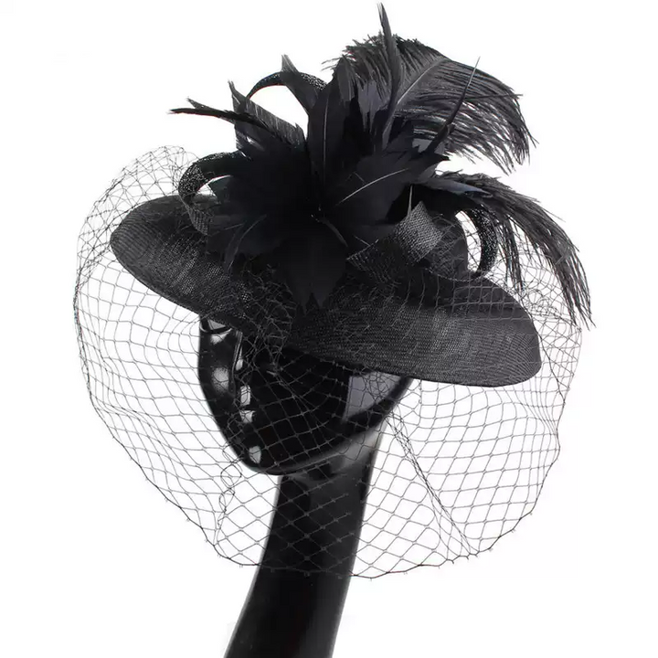 Dramatic Black Fascinator Hat with Feather - Black Bowler Hat with Feathers and Veil