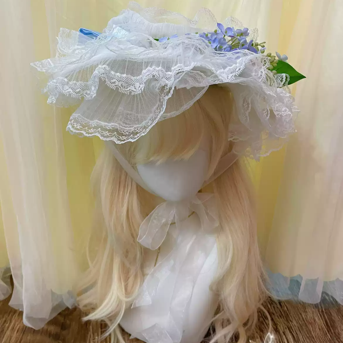 Vintage-Inspired Blue Lolita Hat with Floral - Lace Bonnet with