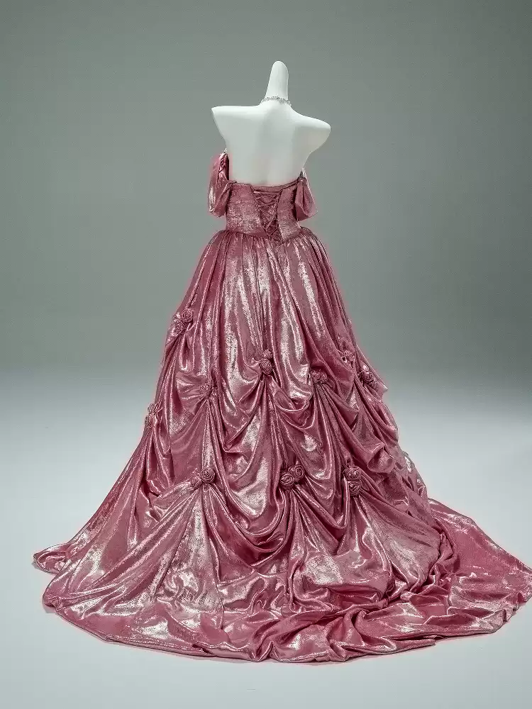 Prom Dress Pink Ball Gown with Draped Skirt – Pink Tulle Ball Gown with Black Velvet Bow and Corset Bodice Plus Size