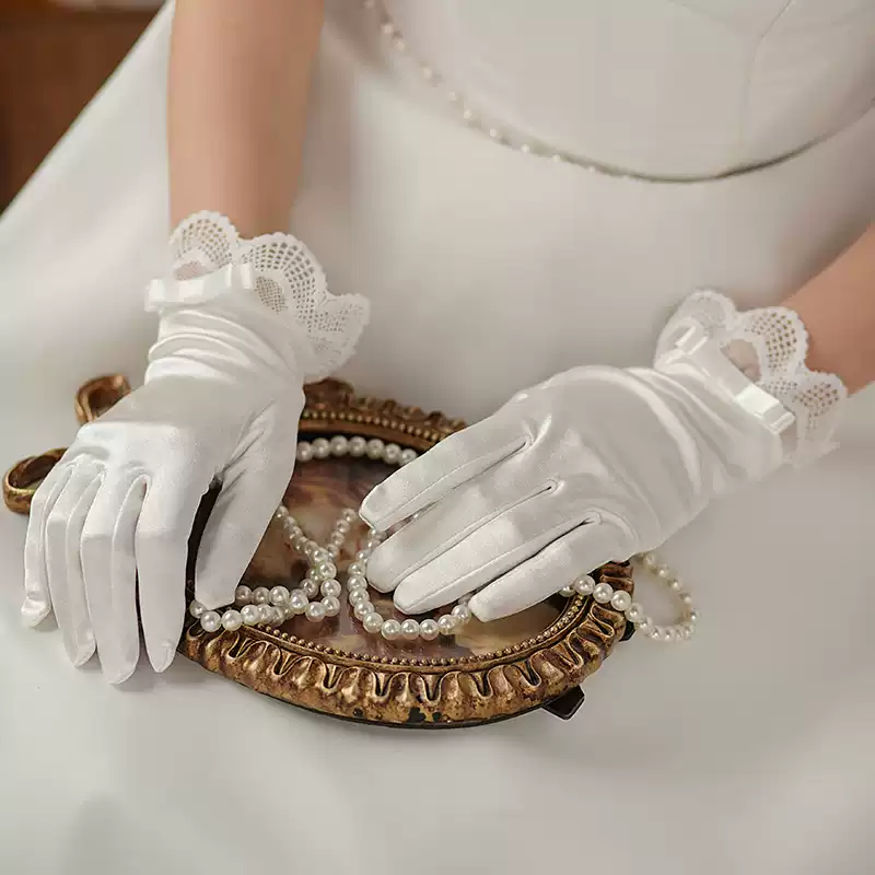 Elegant White Satin Bridal Gloves with Lace Cuffs and Bow Details