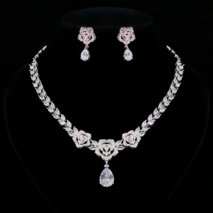 Silver Floral Zircon Jewelry Set - Bridal Necklace and Earrings Set