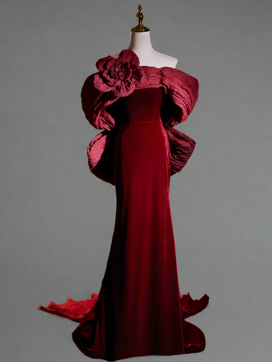 Gothic Red Mermaid Evening Gown with Floral Accessories - Red Velvet Dress with Bow - Strapless Evening Dress with Fitted Skirt Plus Size Size 16W / Gothic Red Mermaid Evening Gown with Floral Accessories - Red Velvet Dress with Bow - Strapless Evening Dress with Fitted Skirt Plus Size Size 16W /