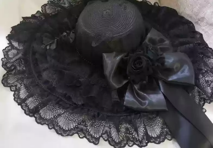 Gothic Black Lolita Hat with Handmade Lace and Dramatic Floral Embellishments