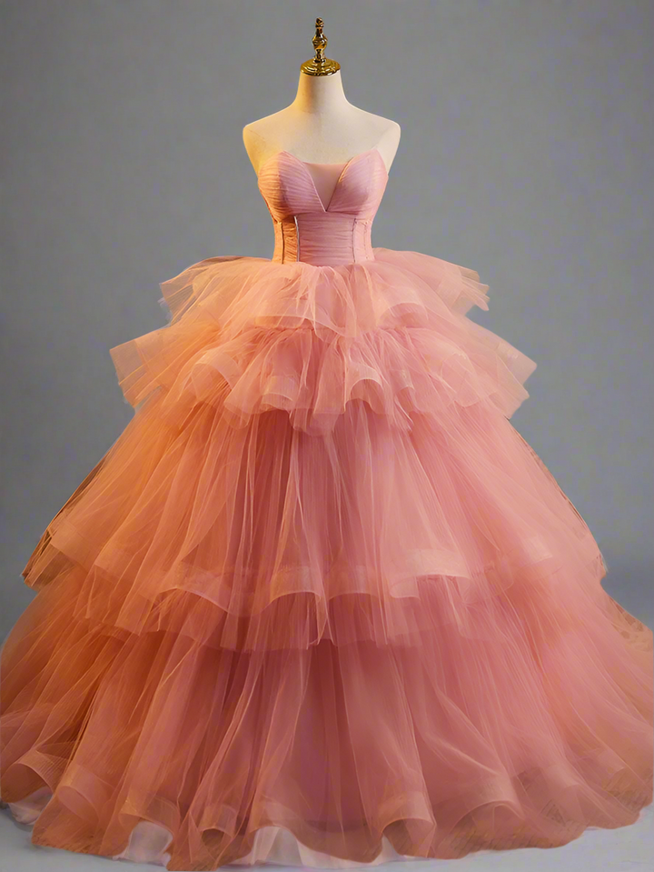 Pink Strapless Evening Ball Gown - Princess Ball Gown with Corset Back - Layered Tulle Ruffle Dress Plus Size