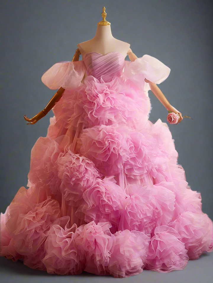 Pink Floral Ball Gown - Corset Tulle Dress - Tiered Floral Tulle Dress - Off Shoulder Wedding Dress Plus Size