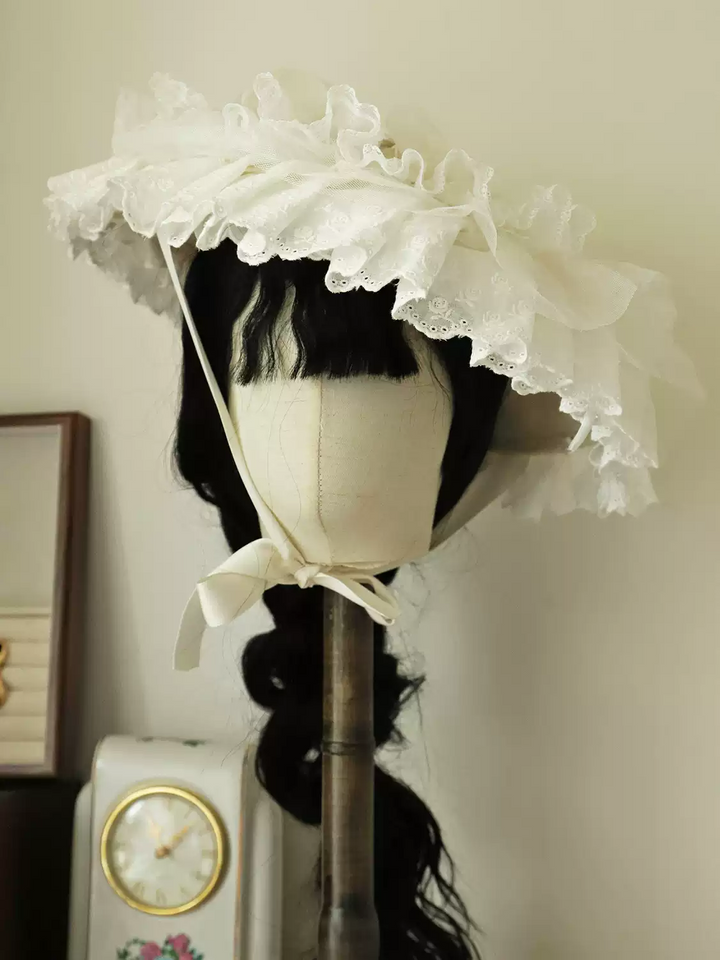 Vintage-Inspired White Lace Bonnet - Victorian Lace Hat with Ribbon Ties