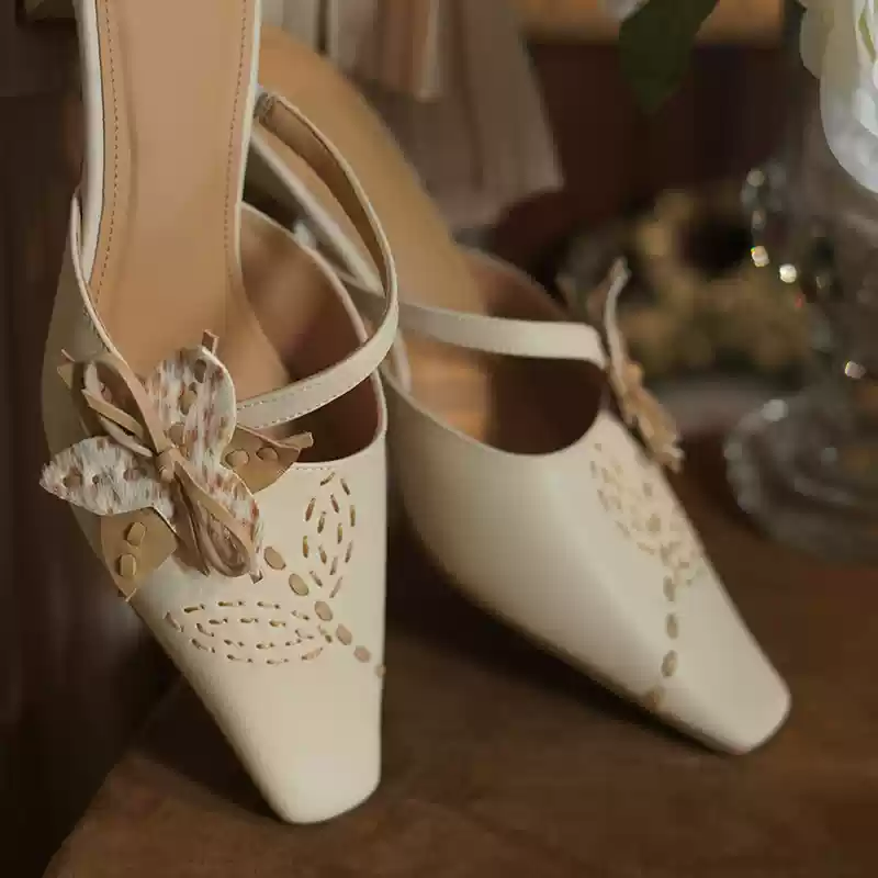 "Whispers of Blossom" – Handmade Vintage Bow-Embellished Leather Mules
