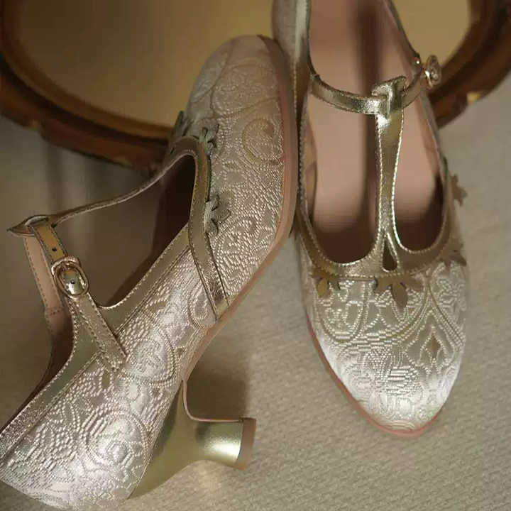 "Golden Garden" – Handmade Embroidered T-Strap Mary Jane Heels