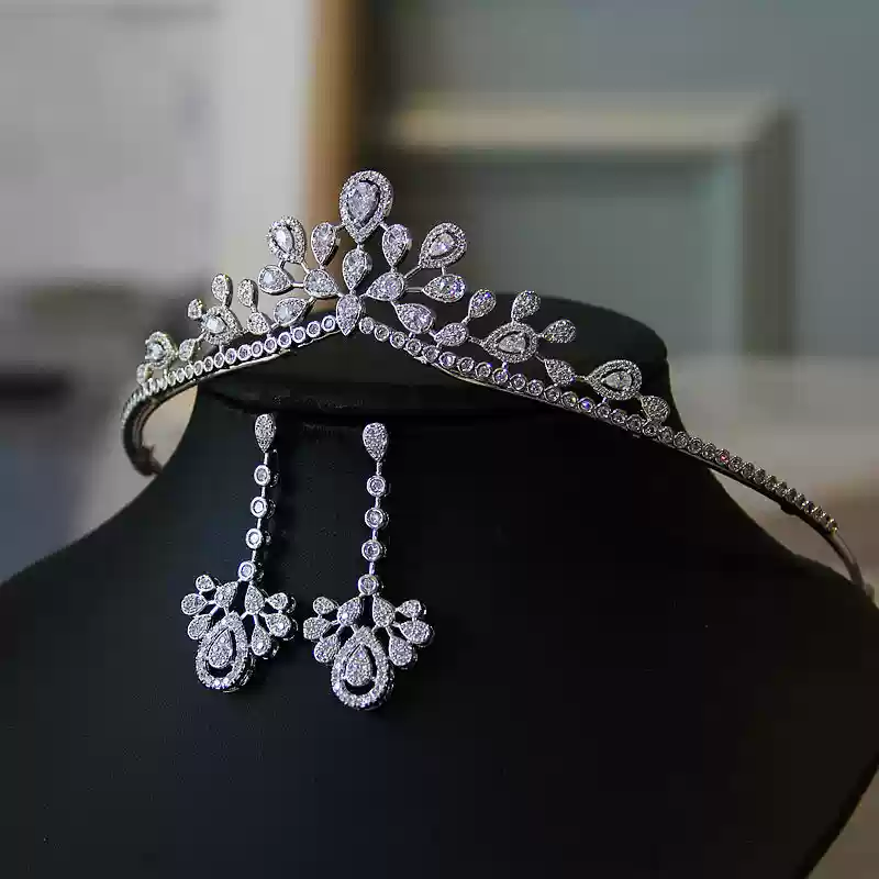 Princess Crown Headpiece and Earrings Set – Diamond-Embellished Bridal Tiara