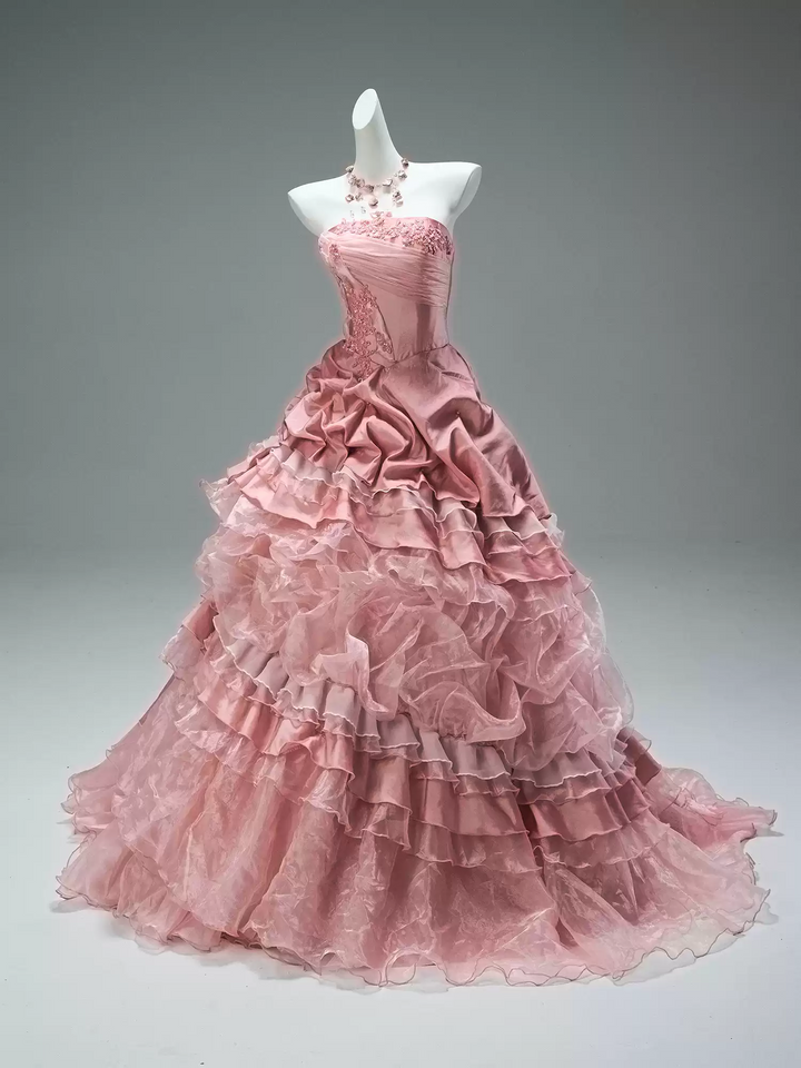 Pink Layered Tulle Ruffle Dress with Embroidery – Strapless Evening Dress with Corset Back Plus Size