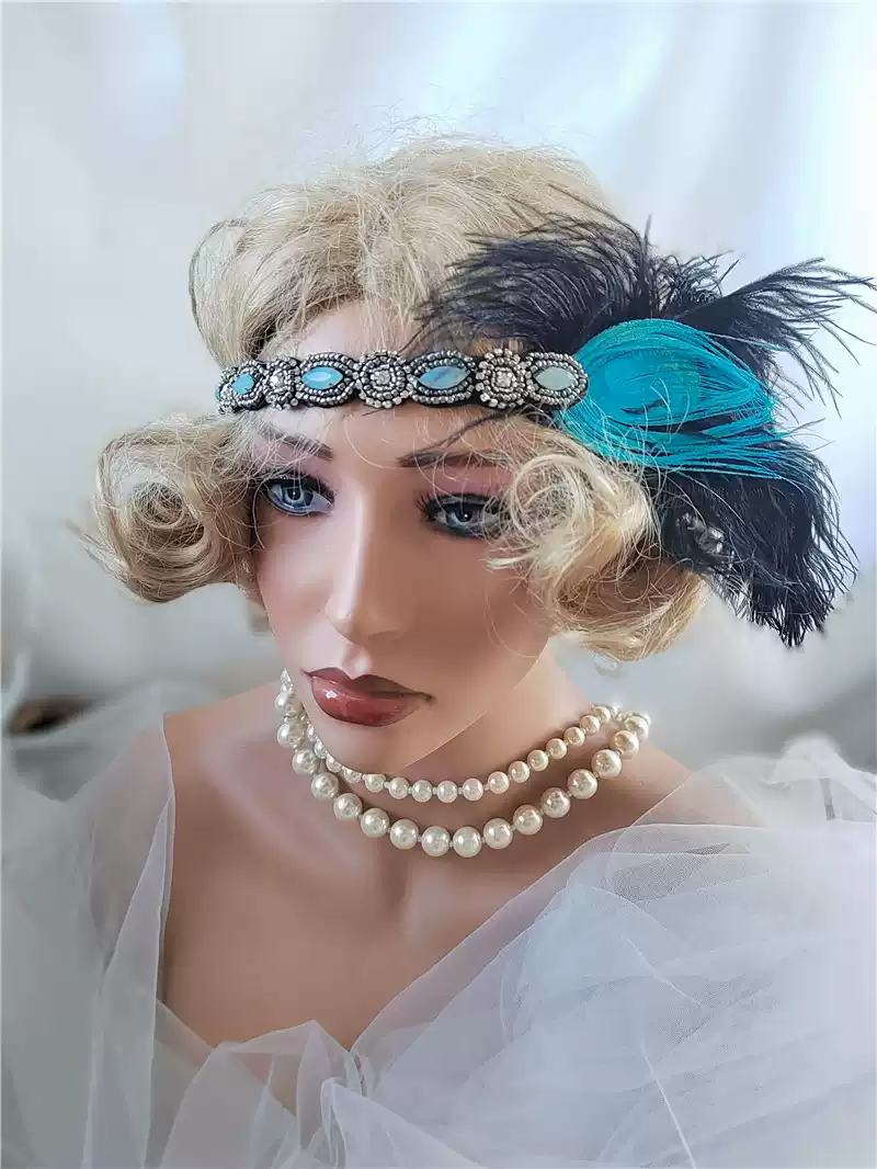 Vintage-Inspired 1920s Flapper Headband with Feather and Jewel Accents