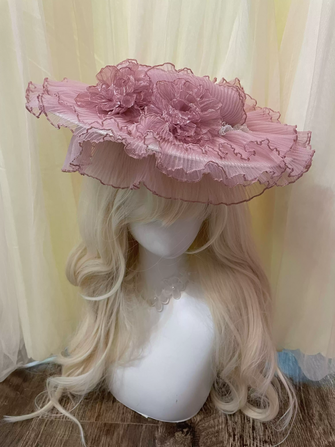 Vintage-Inspired Pink Lolita Hat with Delicate Floral Accents and Tulle