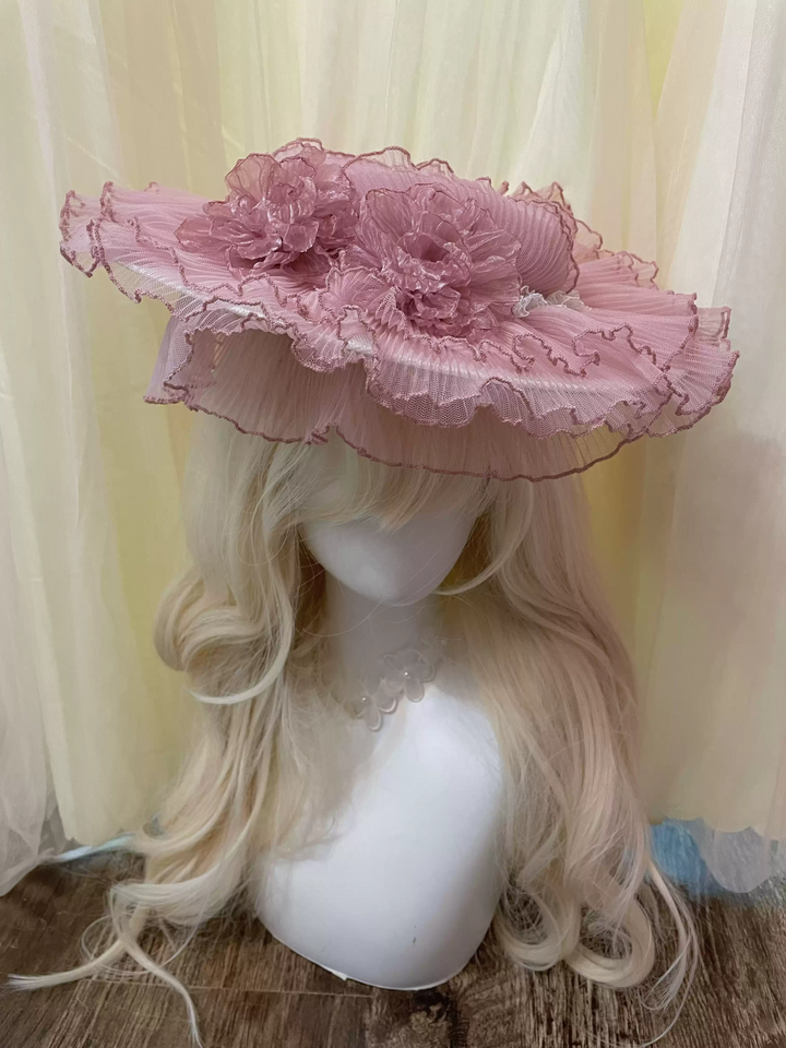 Vintage-Inspired Pink Lolita Hat with Delicate Floral Accents and Tulle