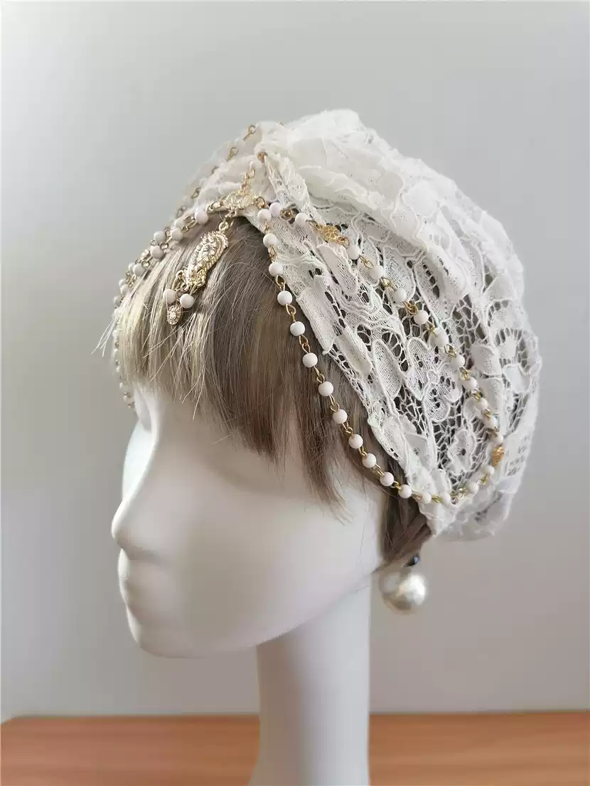 Exquisite Lace Bridal Hat with Pearl Accents - White Lace Bonnet