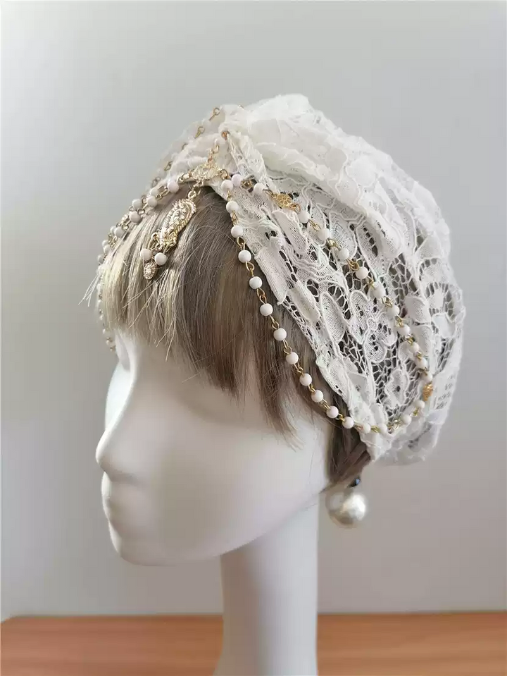 Exquisite Lace Bridal Hat with Pearl Accents - White Lace Bonnet