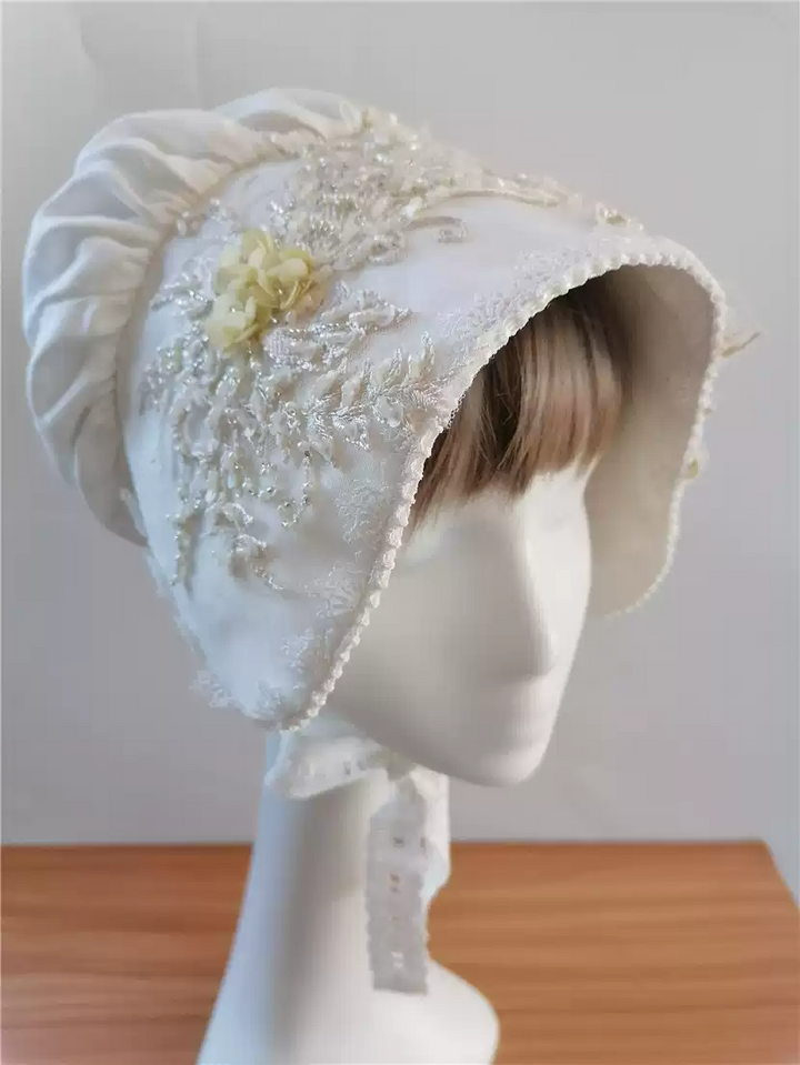 Elegant White Lolita Hat with Floral Embellishments - Lolita Style Floral Hat