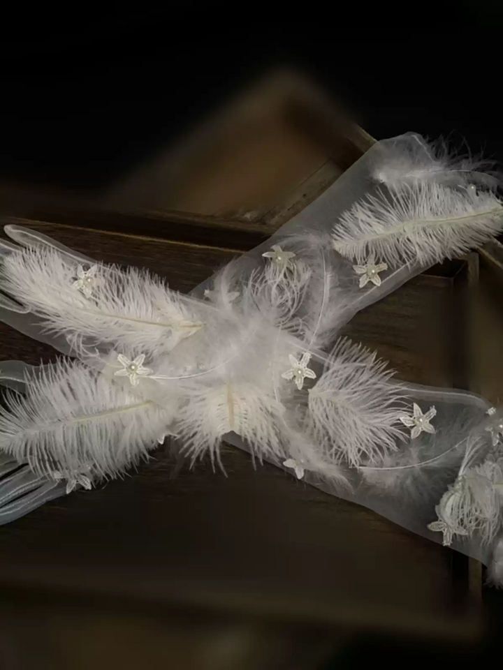 Vintage-Inspired White Feather Bridal Gloves with Star Embellishments