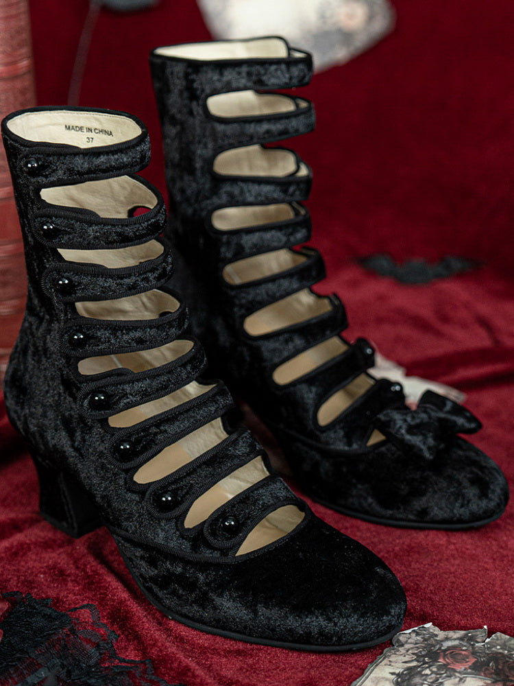 Handmade Gothic Black Velvet Lambskin Leather Button-Up Heels with Convertible Bow