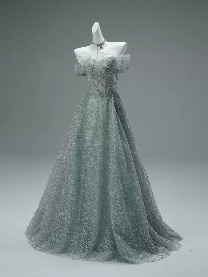 Green Off the Shoulder Evening Dress – Designer Sequin Gown with Sequin Embroidery and Matching Choker Plus Size