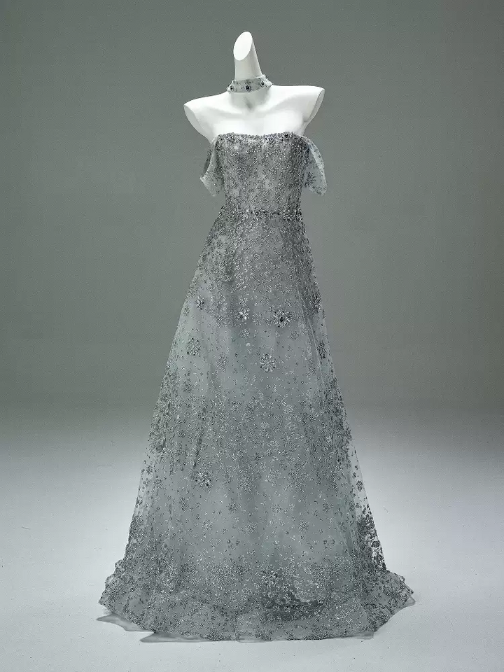 Silver Sequin Evening Gown with Corset Back – Sparkly Maxi Dress with Crystal Embellishments and Matching Choker Plus Size