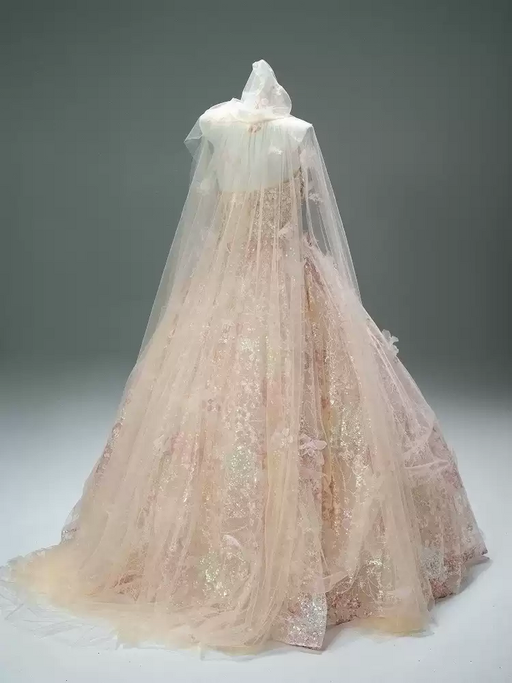 Blush Pink Sequin Ball Gown with Floral Appliqué – Strapless Evening Dress with Tulle and Matching Veil Plus Size