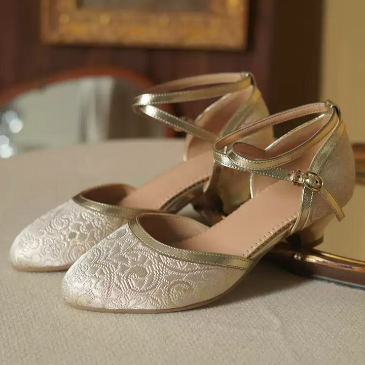 "Golden Reverie" – Handmade Vintage Brocade Low Heel Mary Jane Shoes
