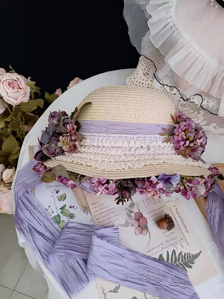 Regency Era Inspired Bonnet with Floral Accents - Purple Bonnet with Lavender Ribbon