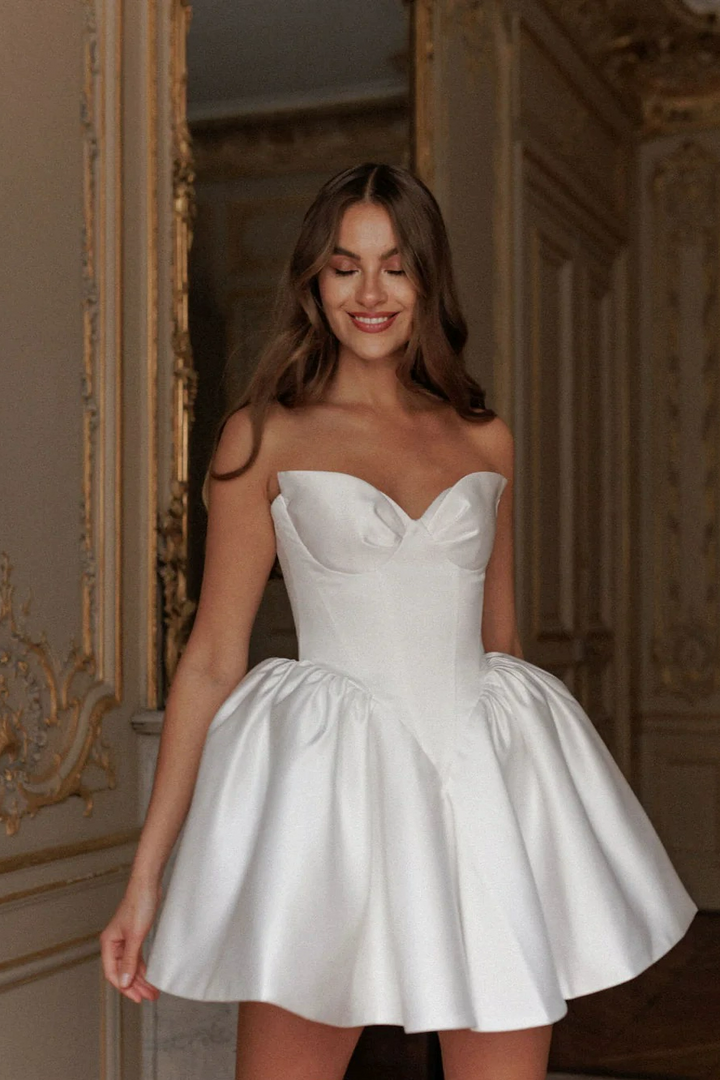 Short Wedding Party Dress with Corset Bodice and Full Satin Skirt – Sweetheart Neckline Wedding Dress Plus Size