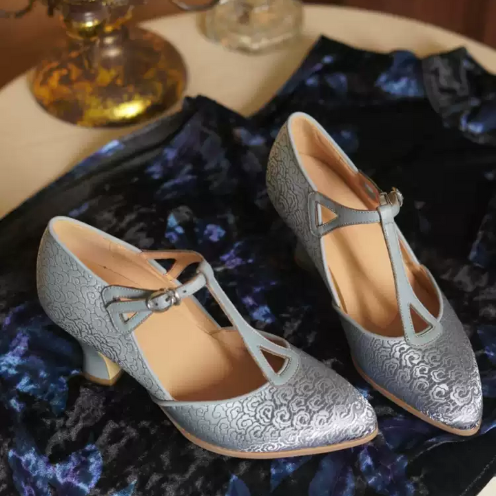 "Silver Petal Waltz" – Handmade Embroidered Satin T-Strap Heels
