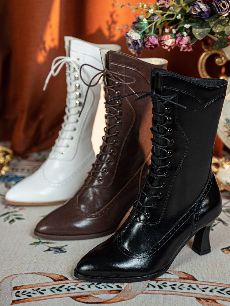 Handmade Regency White Lace-Up Mid-Calf Cowhide Leather Boots