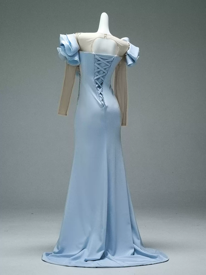 Light Blue Mermaid Evening Dress with Ruffle Sleeves – Long Sleeve Evening Dress with Beaded Bodice and Lace-Up Back Plus Size
