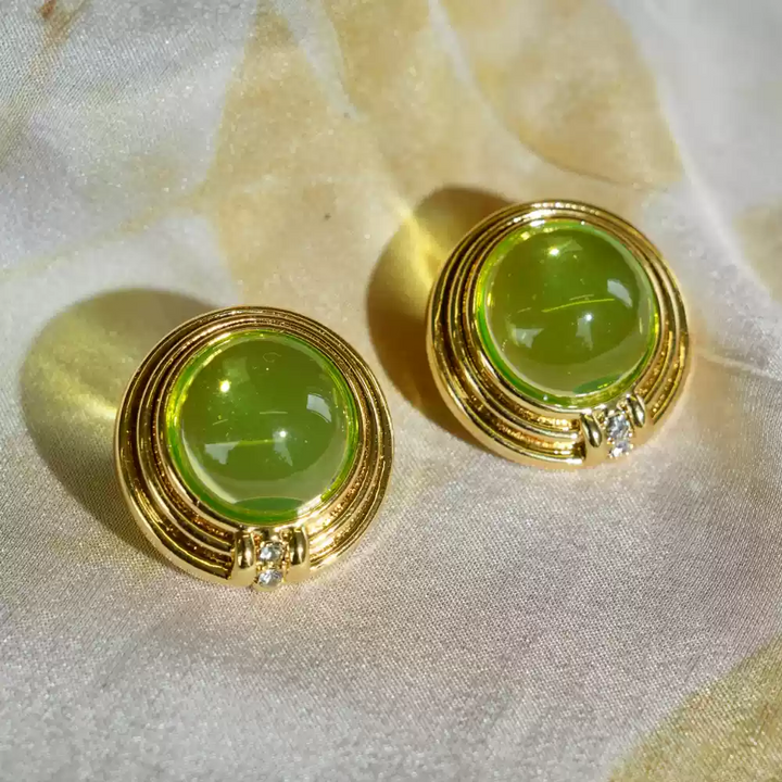 Vintage-Inspired Cabochon Studs with Olive Resin and Gold Accents - Green Grape
